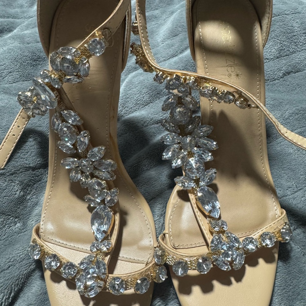 Shoe Dazzle Tan Heels with Crystal Embellishments